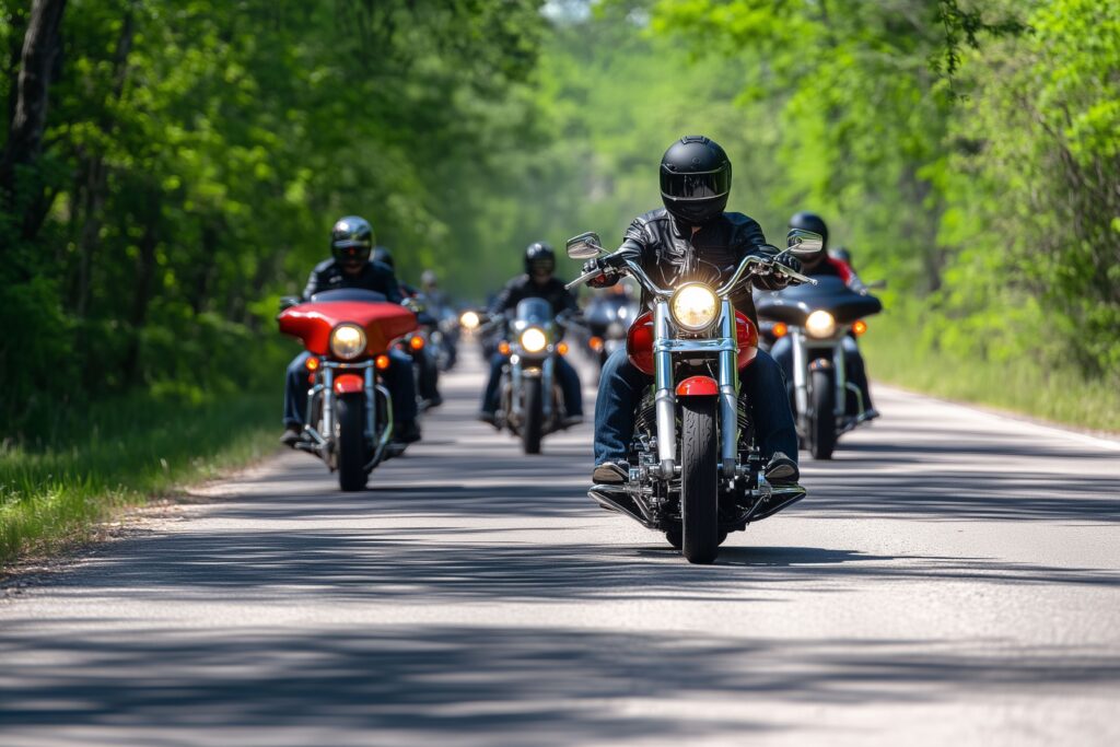 Motorradfahrer mit HJC Klapphelm fährt in Gruppe auf bewaldeter Landstraße